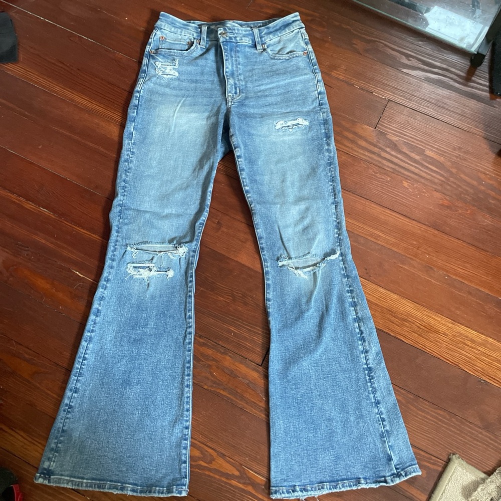 American Eagle High Rise Crossover Waist Ripped Flare Jean